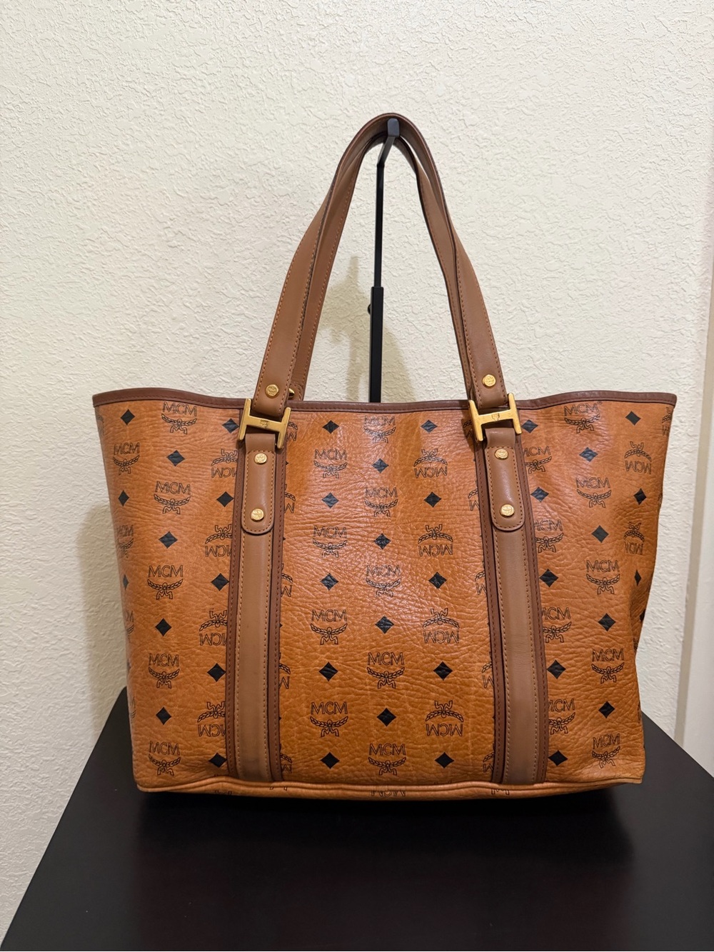 MCM Cognac Monogram Canvas Tote with Brown Leather Trim - Picture 2 of 4